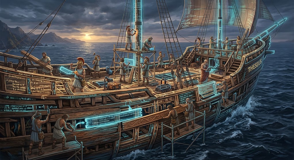 The Ship of Theseus sailing at sea with cybernetic planks and glowing blueprints being swapped in real time