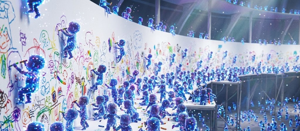 Thousands of luminescent digital entities using crayons to calculate data across a massive studio canvas matrix