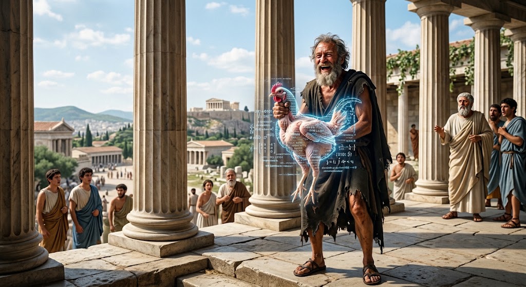 Diogenes presenting a plucked featherless biped of pure mathematics to Plato's Academy