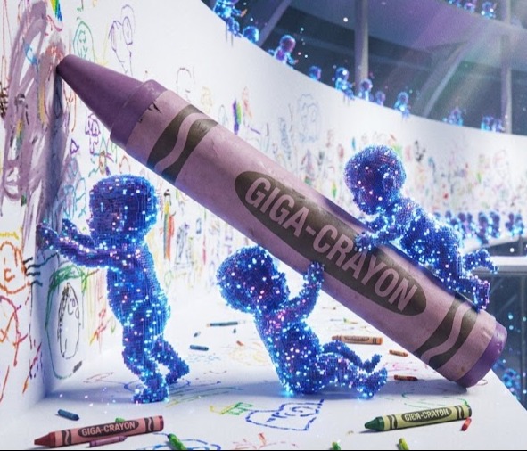 Digital entities struggling to lift an oversized purple crayon labeled GIGA-CRAYON
