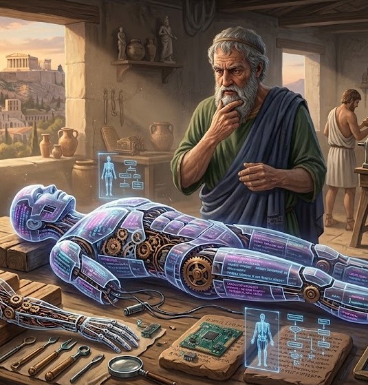 An ancient philosopher contemplating an articulated mechanical automaton on his workbench